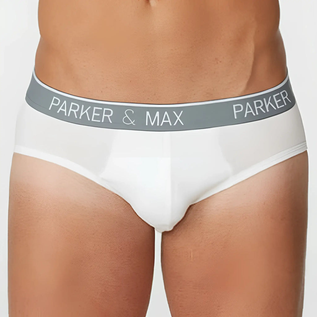 White parker and max pmfpcs_b1 briefs with gray elastic waistband and logo for comfortable everyday wear