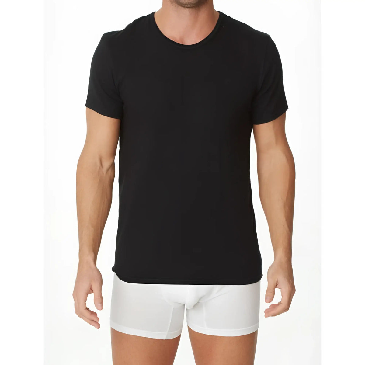Black short-sleeved crew neck t-shirt by parker and max made from soft breathable fabric for casual wear