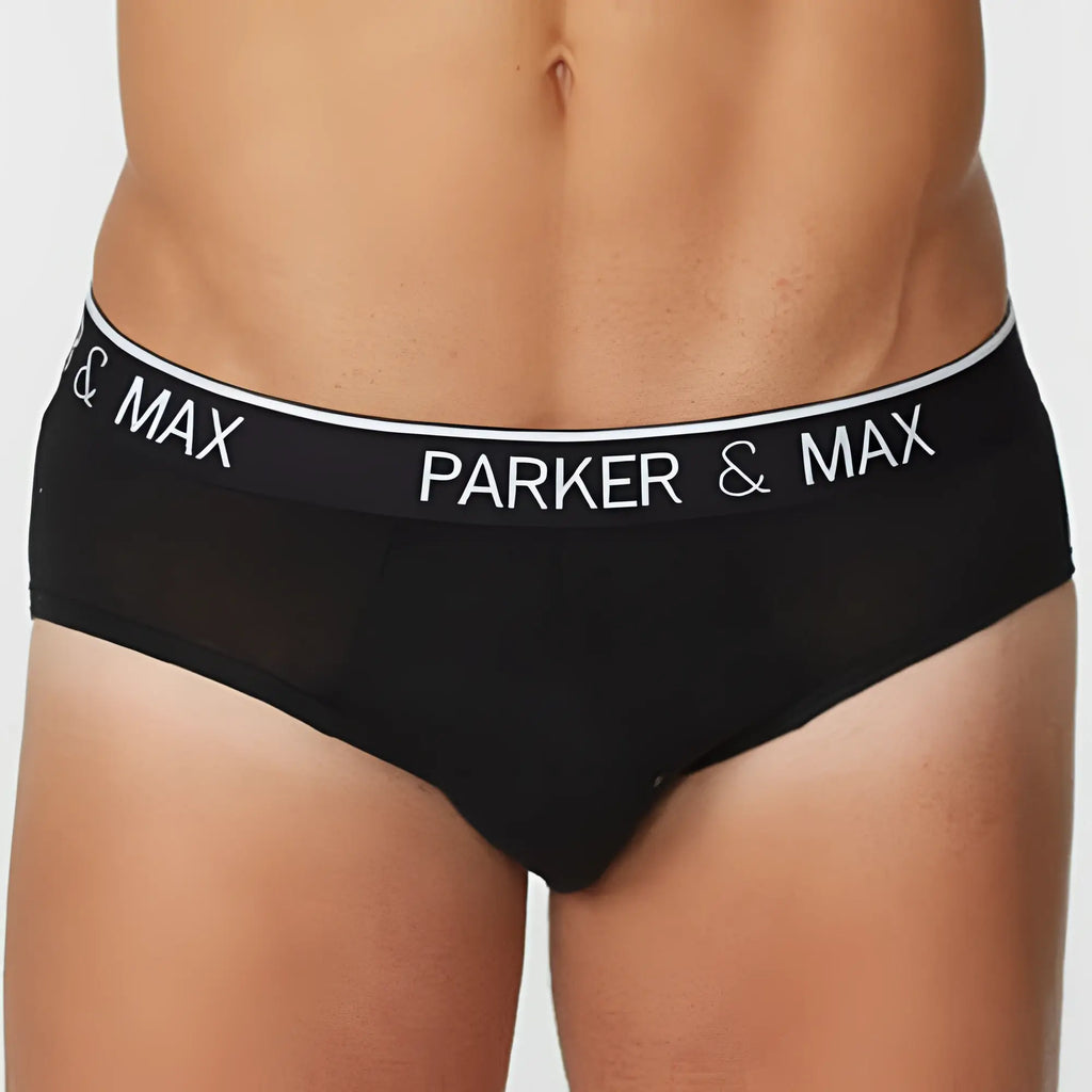 Black parker & max briefs with white elastic waistband featuring brand name bold lettering, product pmaftpcs tdvn1 t-shirt