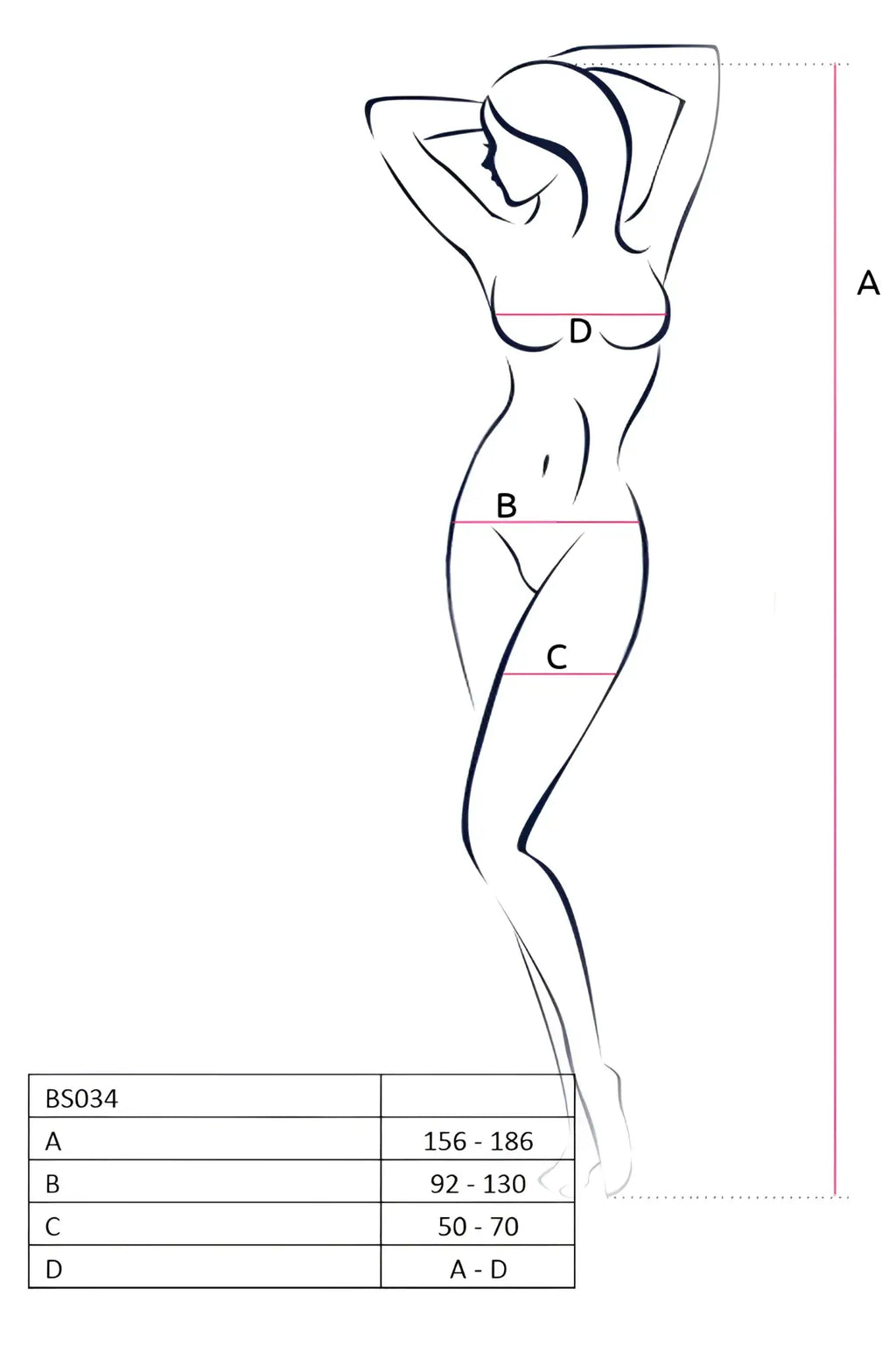 A minimalist black line drawing of a woman’s silhouette with labeled measurement points for passion lingerie bodystocking bs034 blk one size