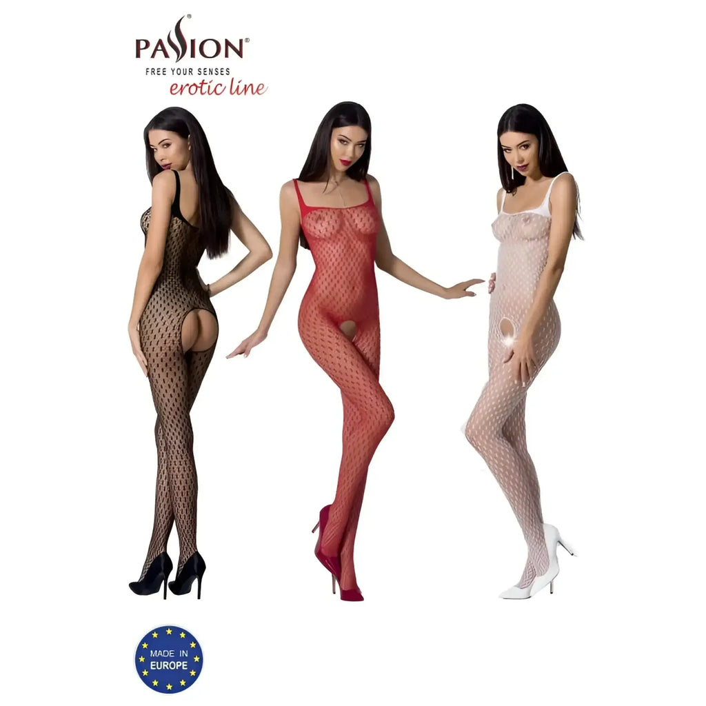 Passion lingerie bodystocking bs071 red one size fishnet bodysuit with diamond pattern in black red and white colors