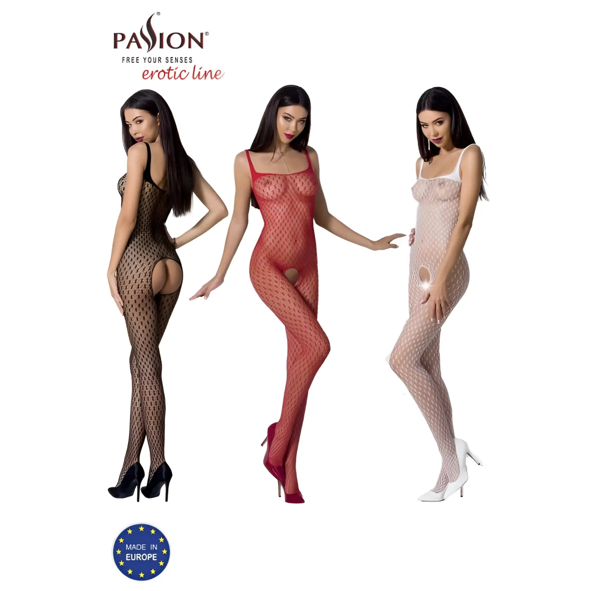 Passion lingerie bodystocking bs071 red one size fishnet bodysuit with diamond pattern in black red and white colors