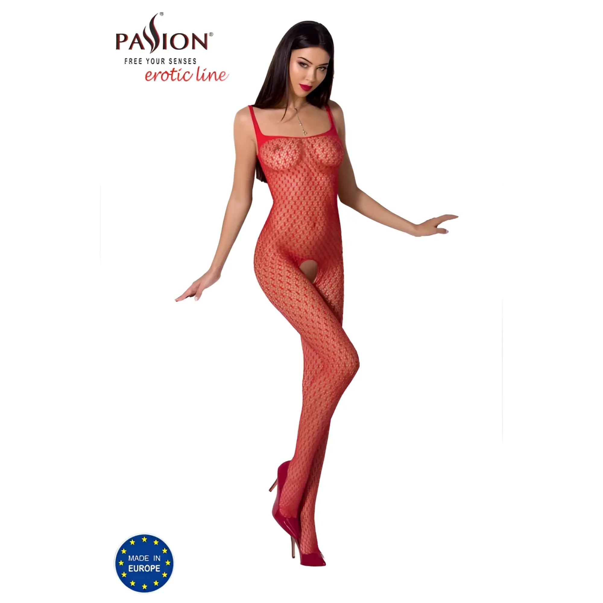 Passion lingerie bodystocking bs071 red one size red fishnet bodysuit with thin straps and sheer patterned fabric