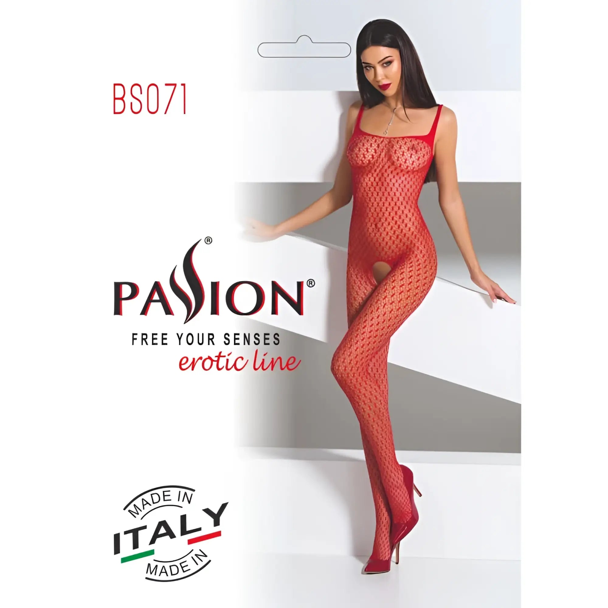 Red lace passion lingerie bodystocking with mesh pattern thin straps and open back design shown from the back side