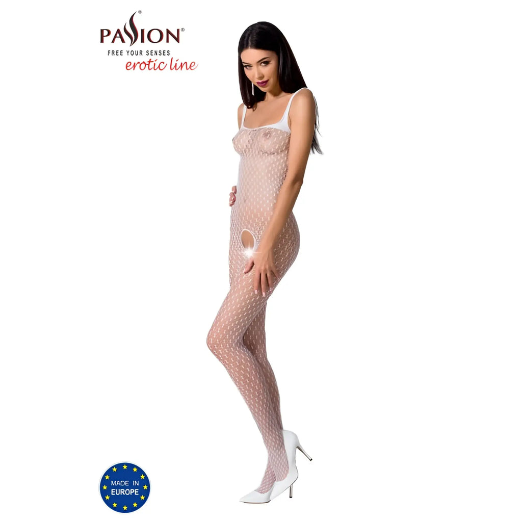 Passion lingerie bodystocking bs071 sheer nude bodysuit with white dot pattern and thin straps front view