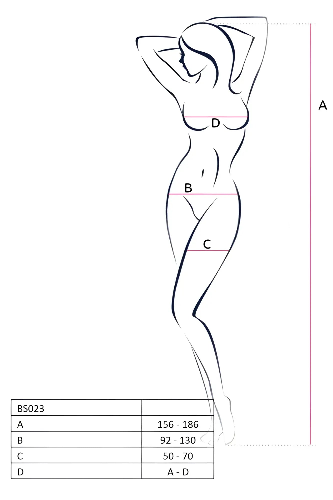 A minimalist black line drawing of a woman’s silhouette with measurement points for passion lingerie bodystocking fishnet black