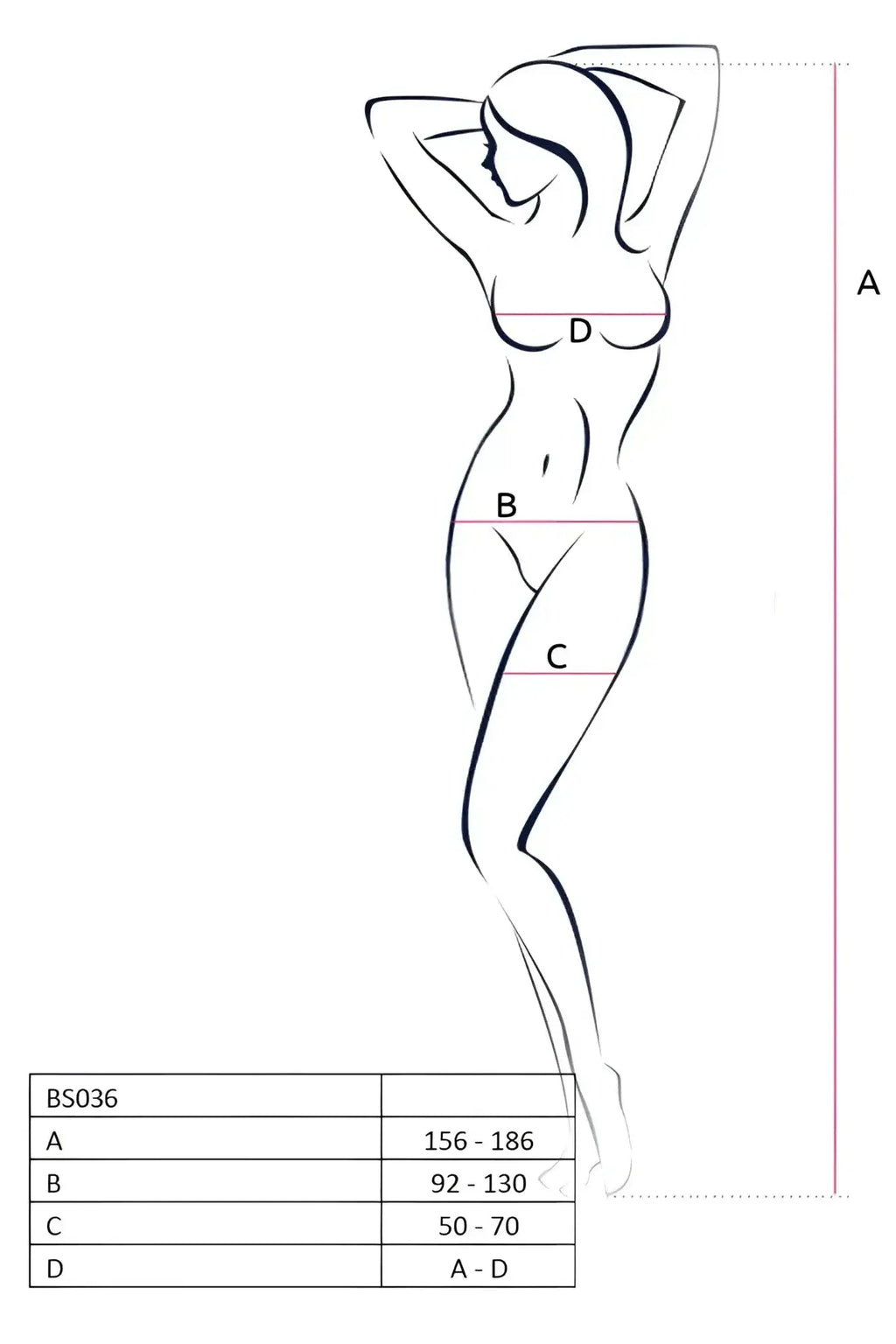 The Passion lingerie bodysuit BS036 red one size features a stylized woman silhouette with measurement markers a, b, c, and d