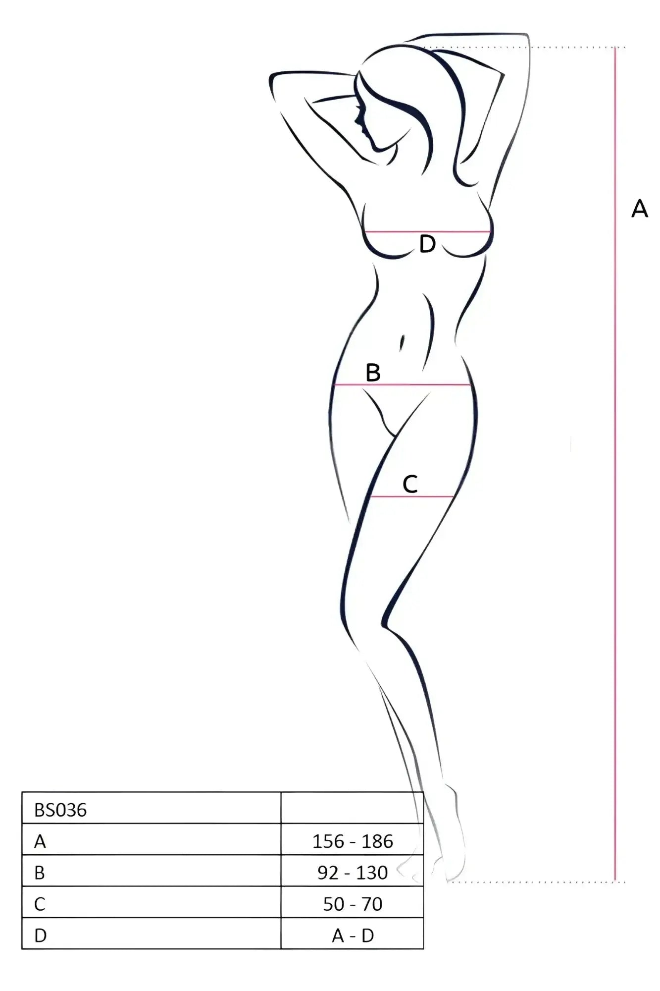 The Passion lingerie bodysuit BS036 red one size features a stylized woman silhouette with measurement markers a, b, c, and d