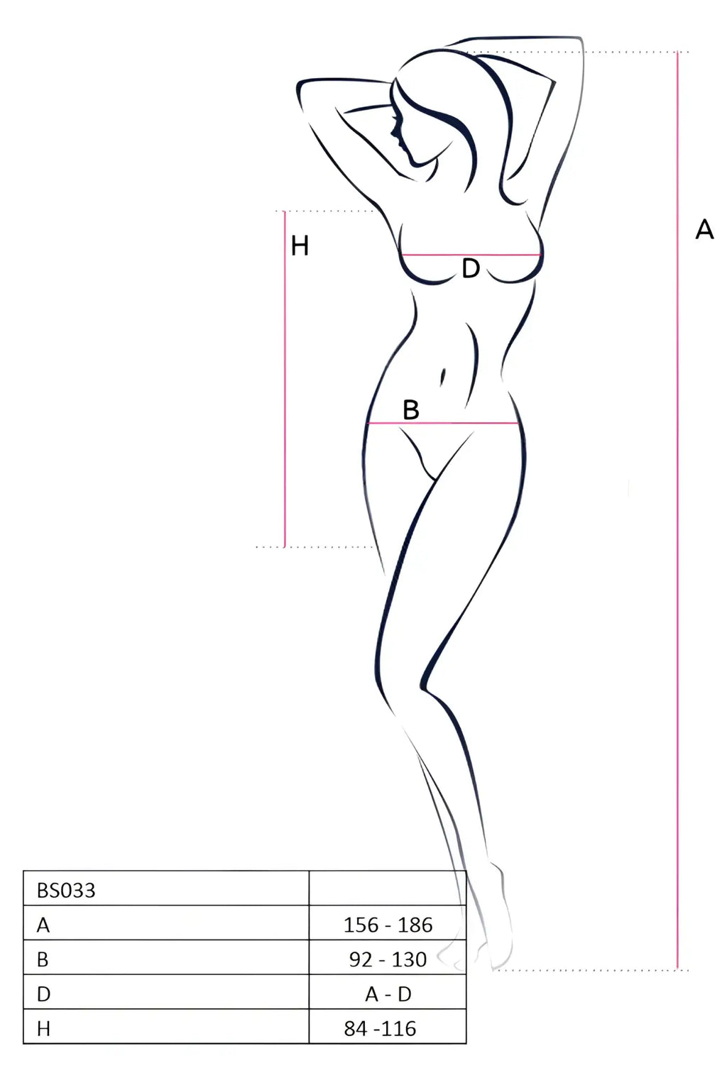 A minimalist line drawing of a woman with measurement indicators for the passion lingerie dress translucent mesh white bs033 one size