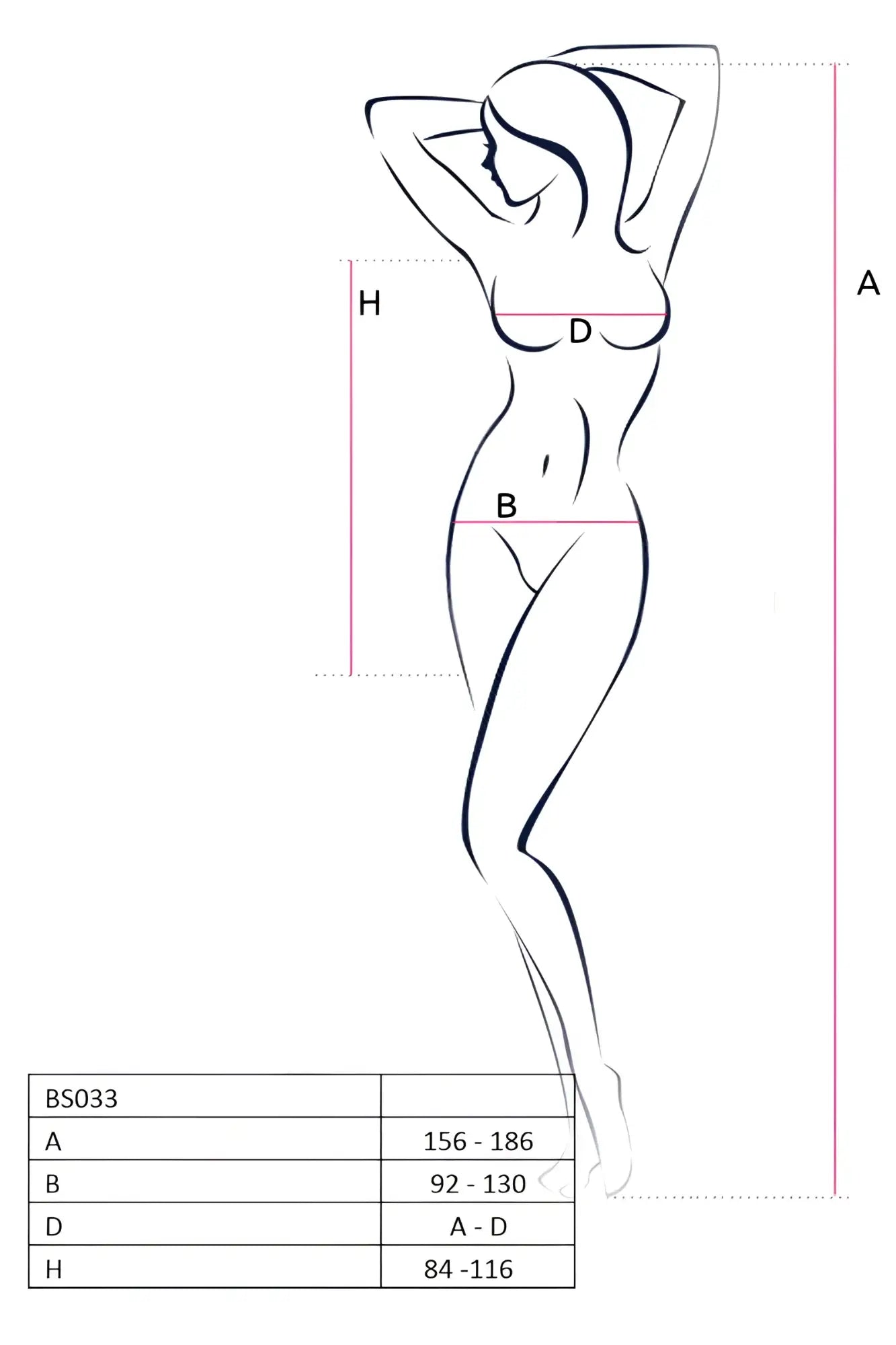 A minimalist line drawing of a woman with measurement indicators for the passion lingerie dress translucent mesh white bs033 one size