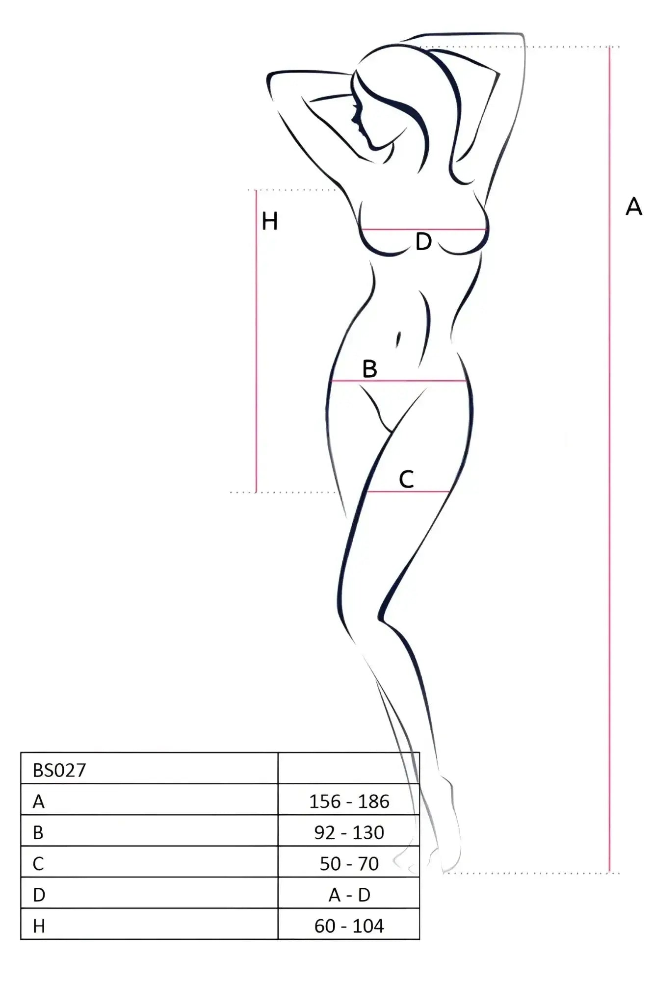 A minimalist black line drawing of a woman in a standing pose with arms raised wearing a translucent black Passion Lingerie