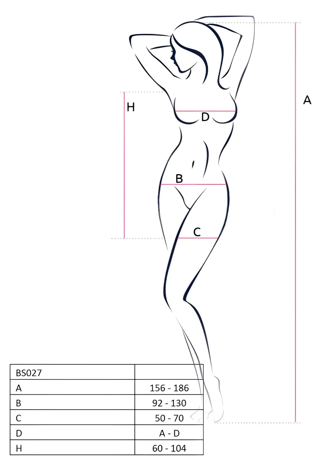 A minimalist black line drawing of a woman in a standing pose with arms raised wearing a translucent black Passion Lingerie dress