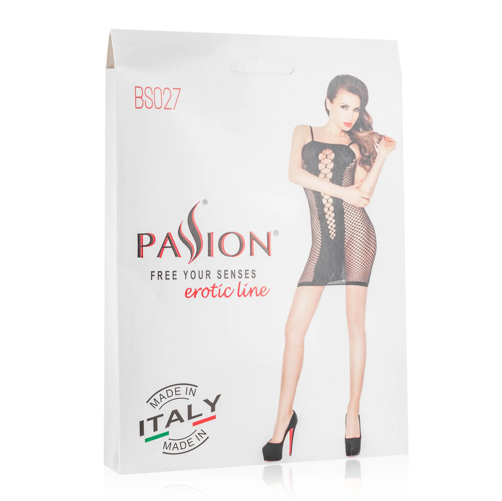 Black fishnet bodysuit with lace-up front and high heels packaged in white passion brand box for intimate wear