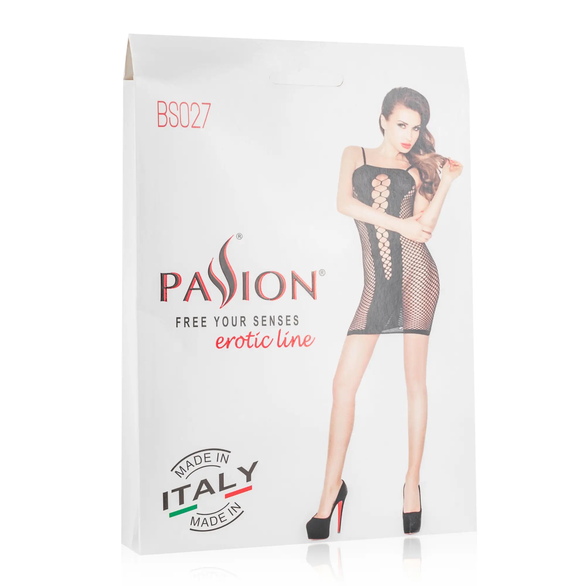 Black fishnet bodysuit with lace-up front and high heels packaged in white passion brand box for intimate wear
