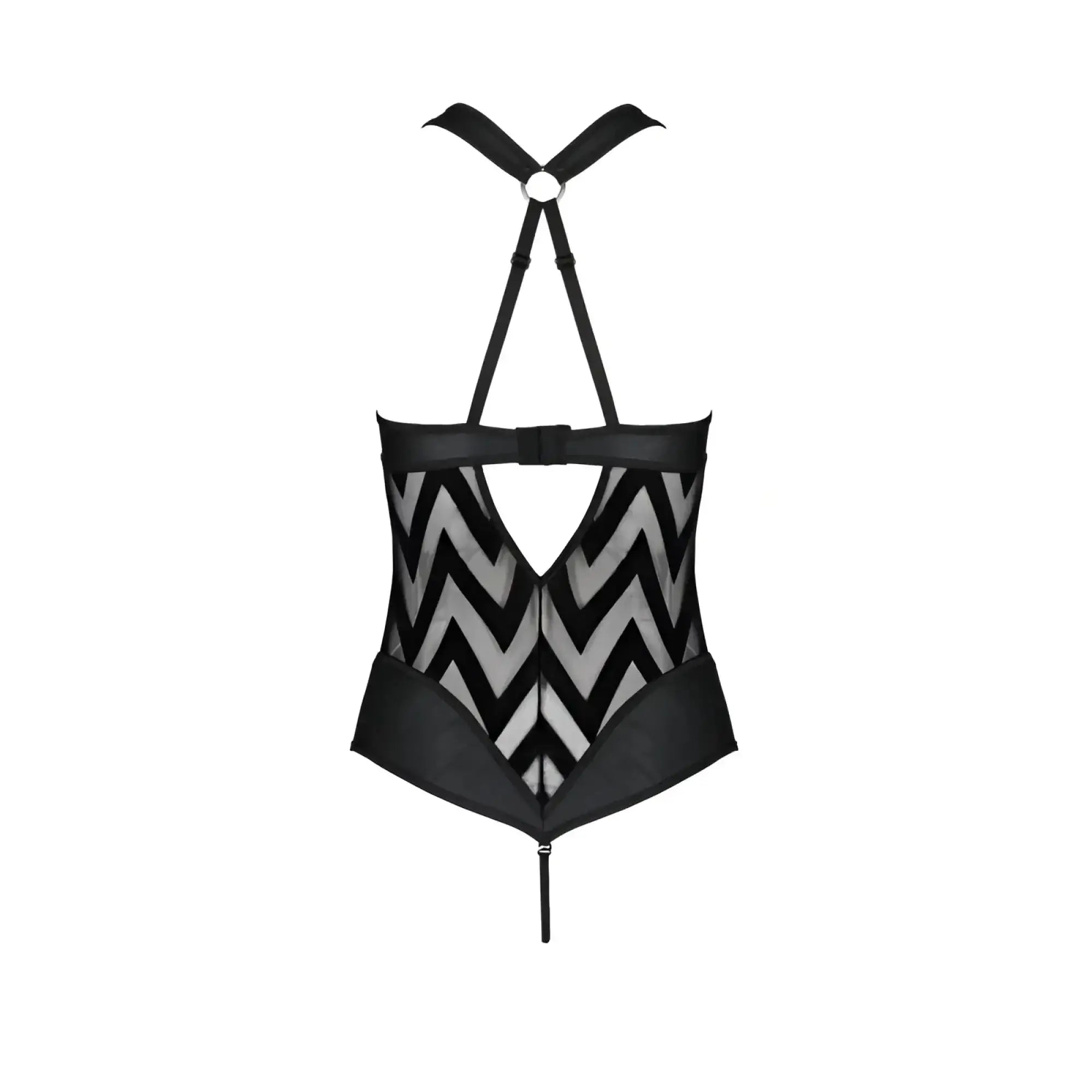 Passion Lingerie Hima bodysuit black S/M mesh fabric with black and silver chevron pattern and adjustable straps