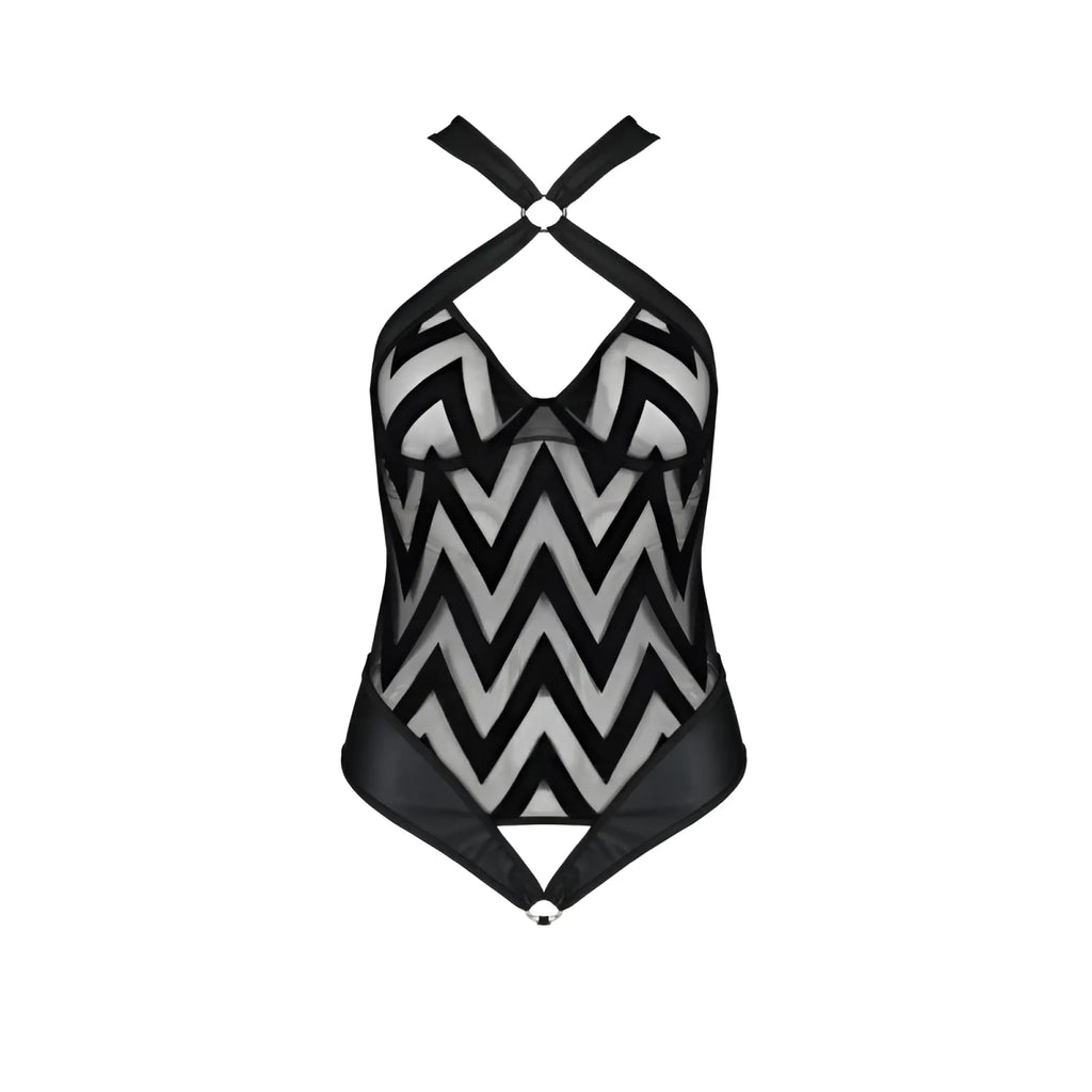 Passion Lingerie Hima bodysuit black s m black and gray chevron mesh halter one-piece swimsuit with crossed straps
