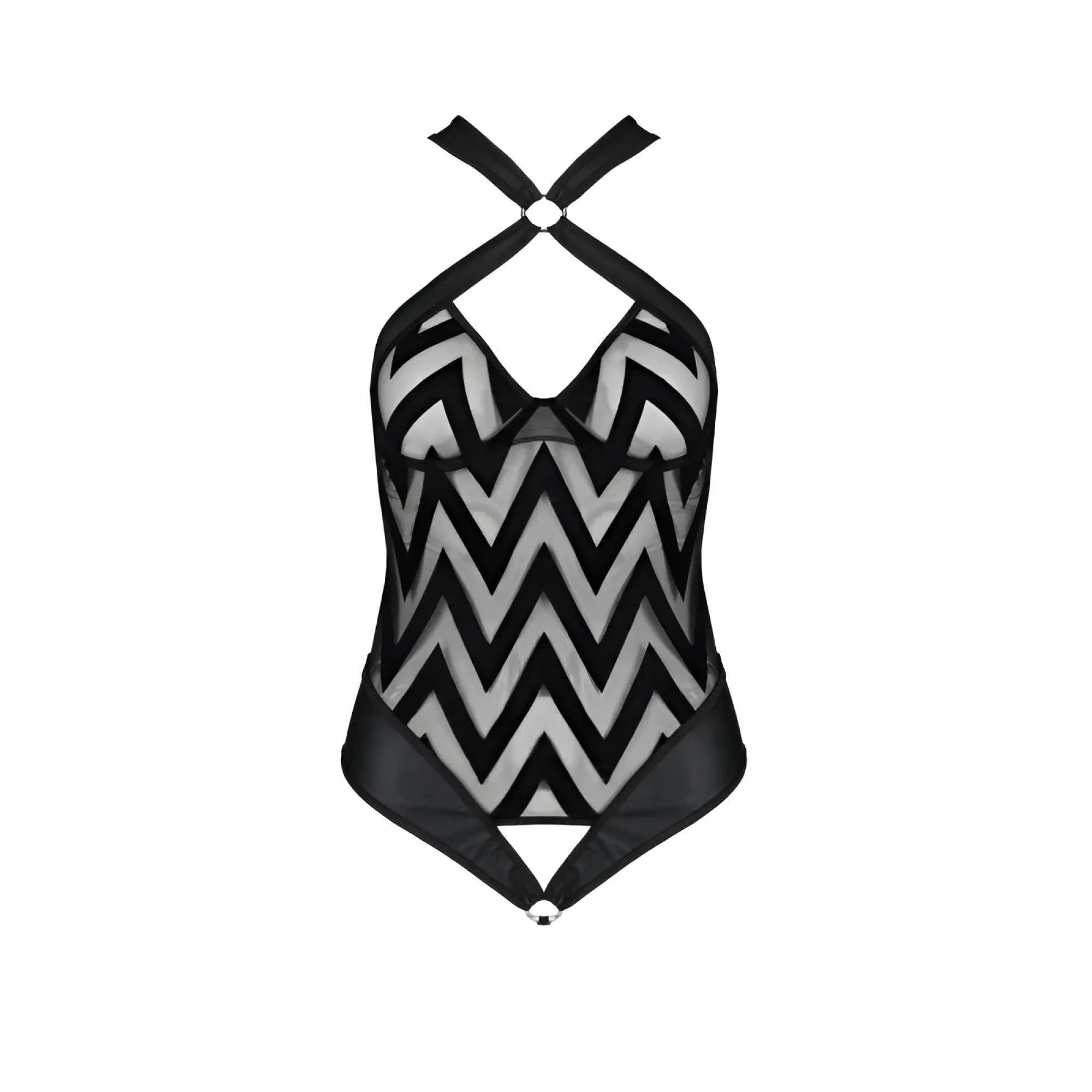 Passion Lingerie Hima bodysuit black s m black and gray chevron mesh halter one-piece swimsuit with crossed straps