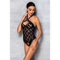 Passion Lingerie Hima bodysuit black sheer with bold zigzag pattern and halter neckline in size S M