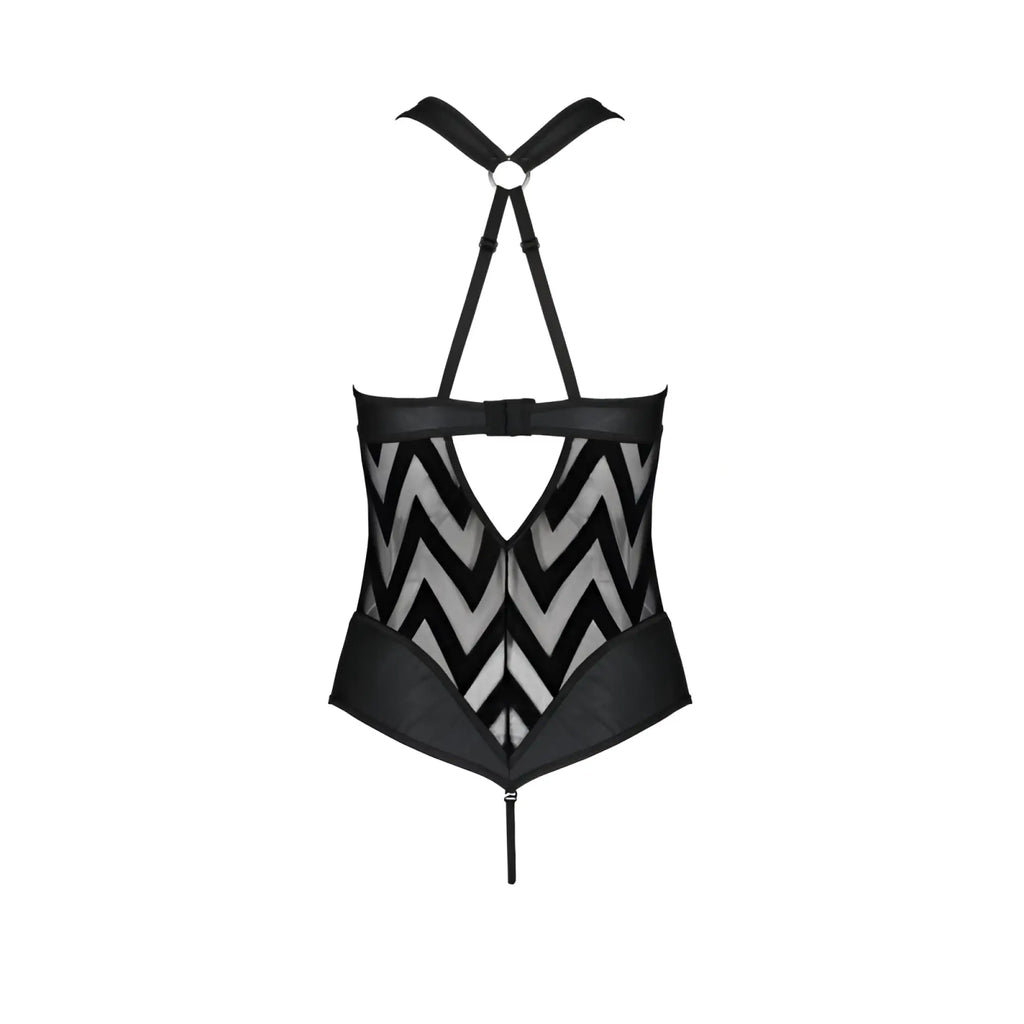 Passion Lingerie Hima bodysuit black S/M mesh fabric with black and silver chevron pattern and adjustable straps