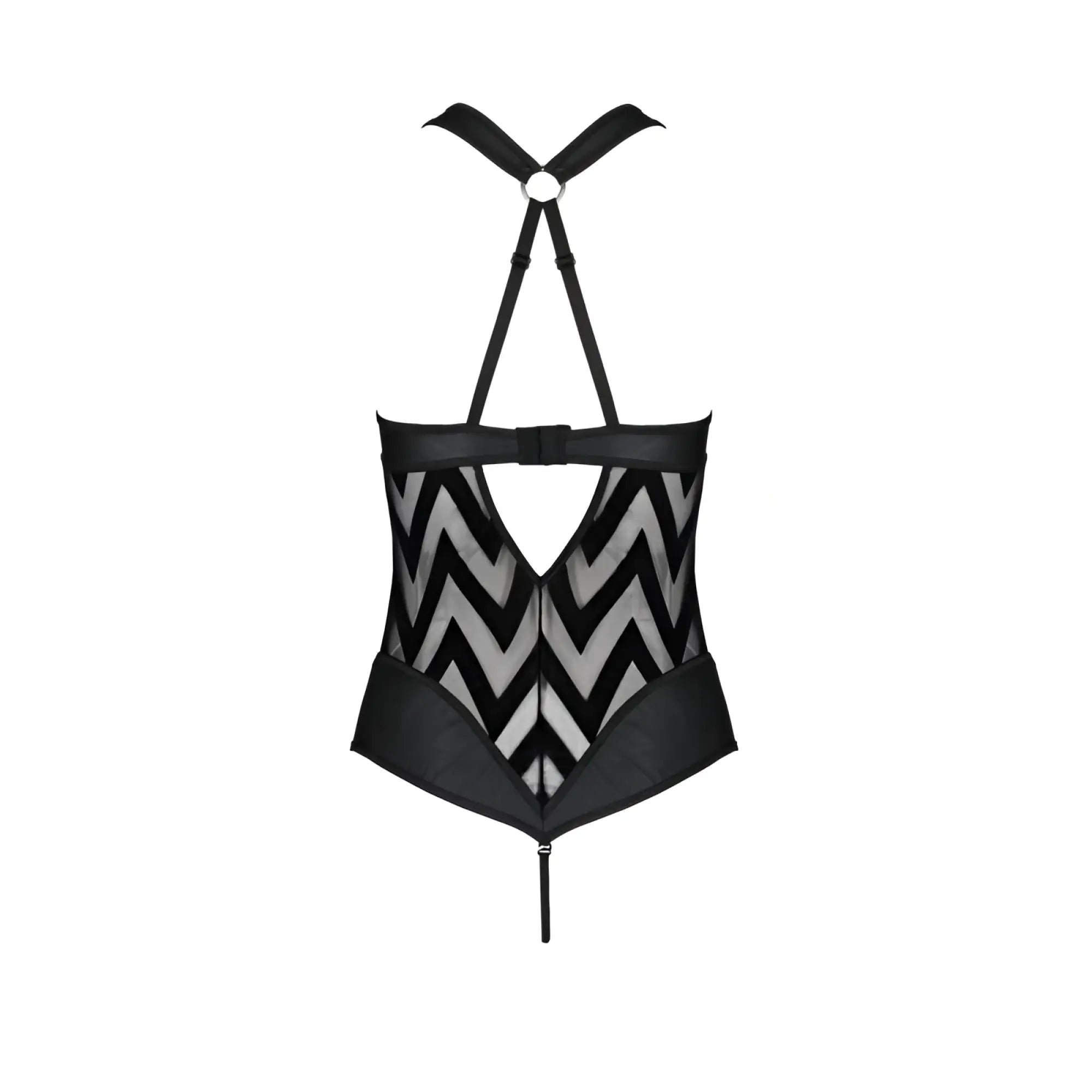 Passion Lingerie Hima bodysuit black S/M mesh fabric with black and silver chevron pattern and adjustable straps