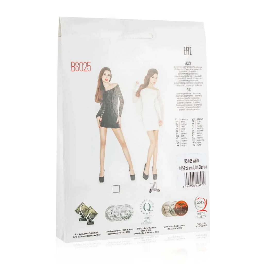 White dress pattern package with two illustrated models in black and white off-shoulder mini dresses with mesh sleeves