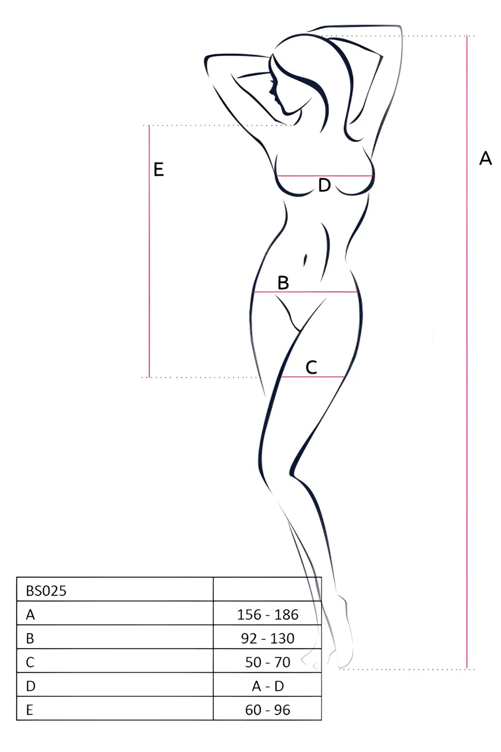 A minimalist black line drawing of a woman’s silhouette with sizing points for passion lingerie mini dress blk with mesh sleeves and sides