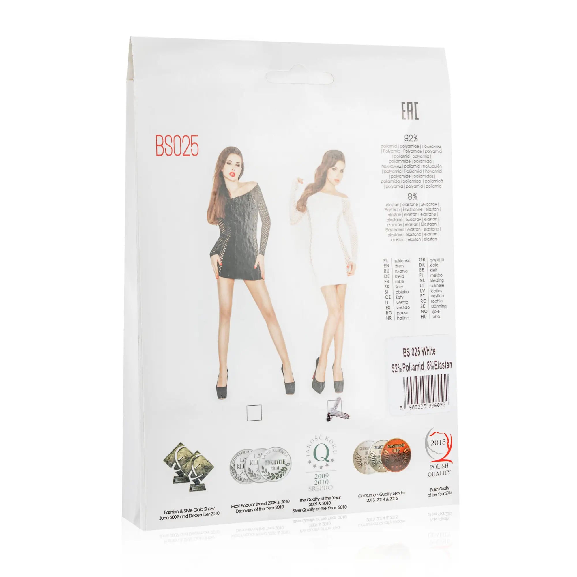 White dress pattern package with two illustrated models in black and white off-shoulder mini dresses with mesh sleeves