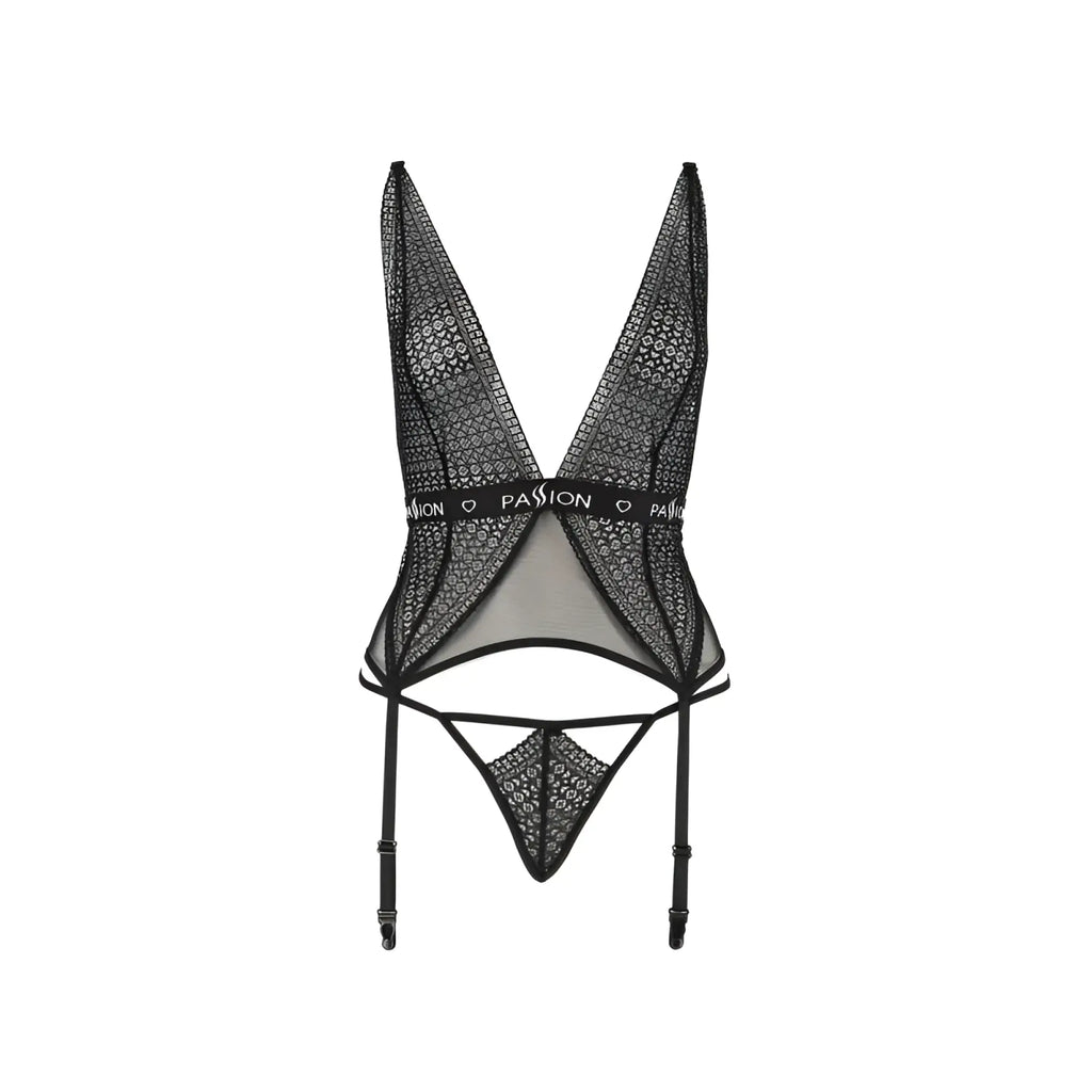 Black lace Passion Lingerie Mirajane corset bodysuit with deep v-neckline and adjustable garter straps in L XL