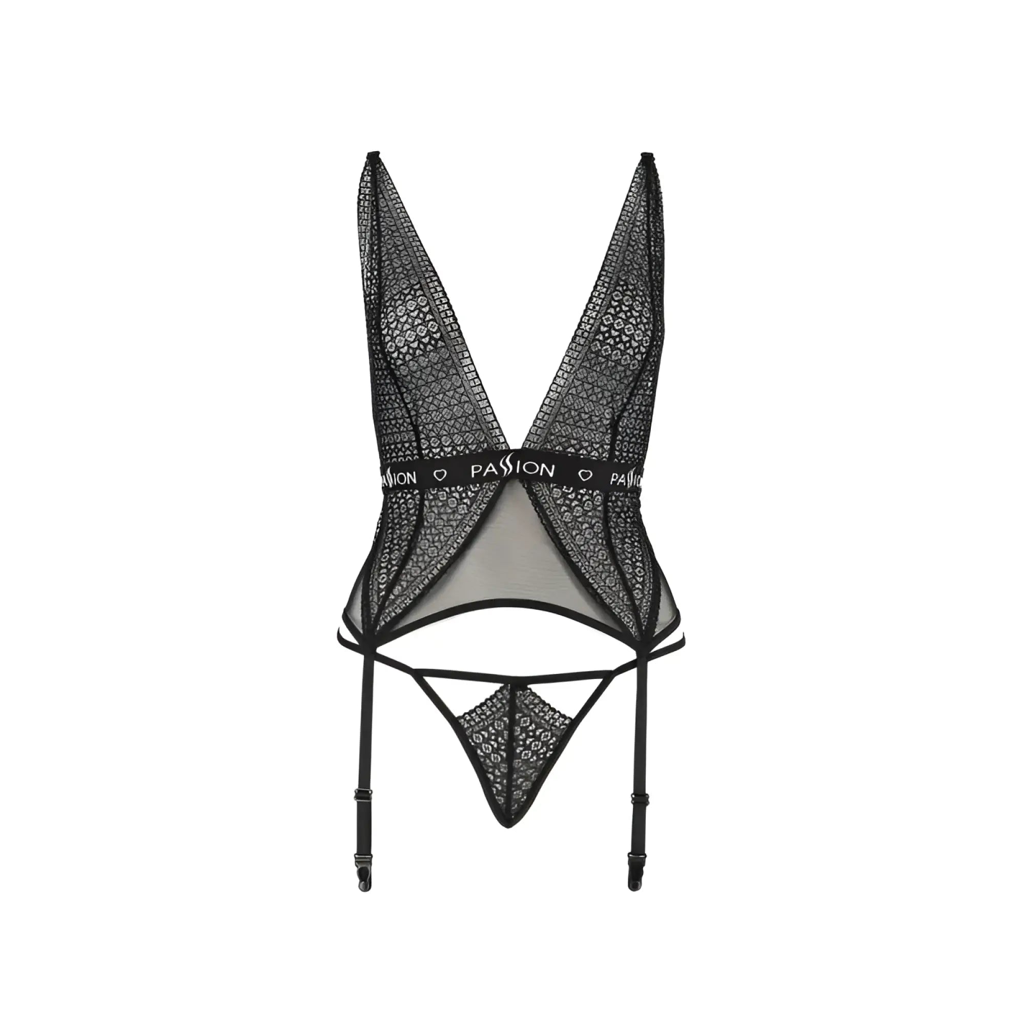 Black lace Passion Lingerie Mirajane corset bodysuit with deep v-neckline and adjustable garter straps in L XL