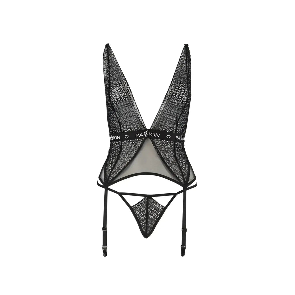 Black lace Passion Lingerie Mirajane corset bodysuit with deep v-neckline and adjustable garter straps in L XL