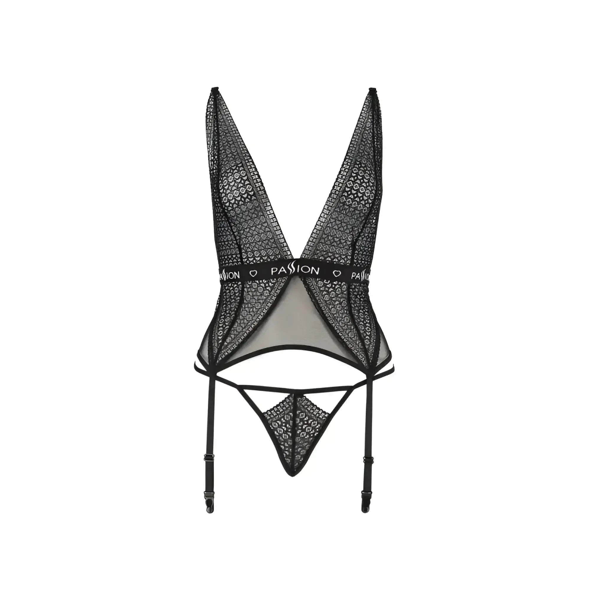 Black lace Passion Lingerie Mirajane corset bodysuit with deep v-neckline and adjustable garter straps in L XL