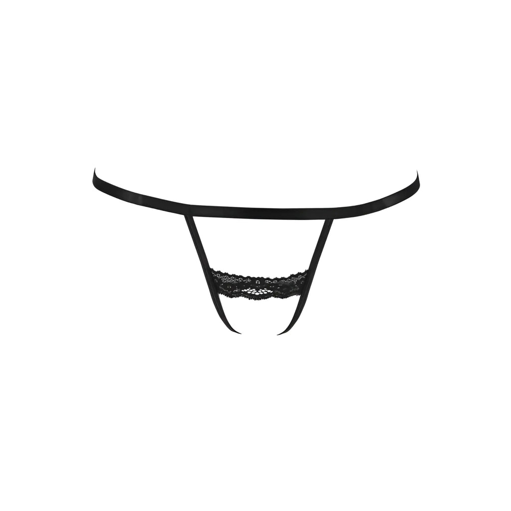 Passion Lingerie Shelly thong black S/M in black lace with minimalist design and delicate floral pattern front view