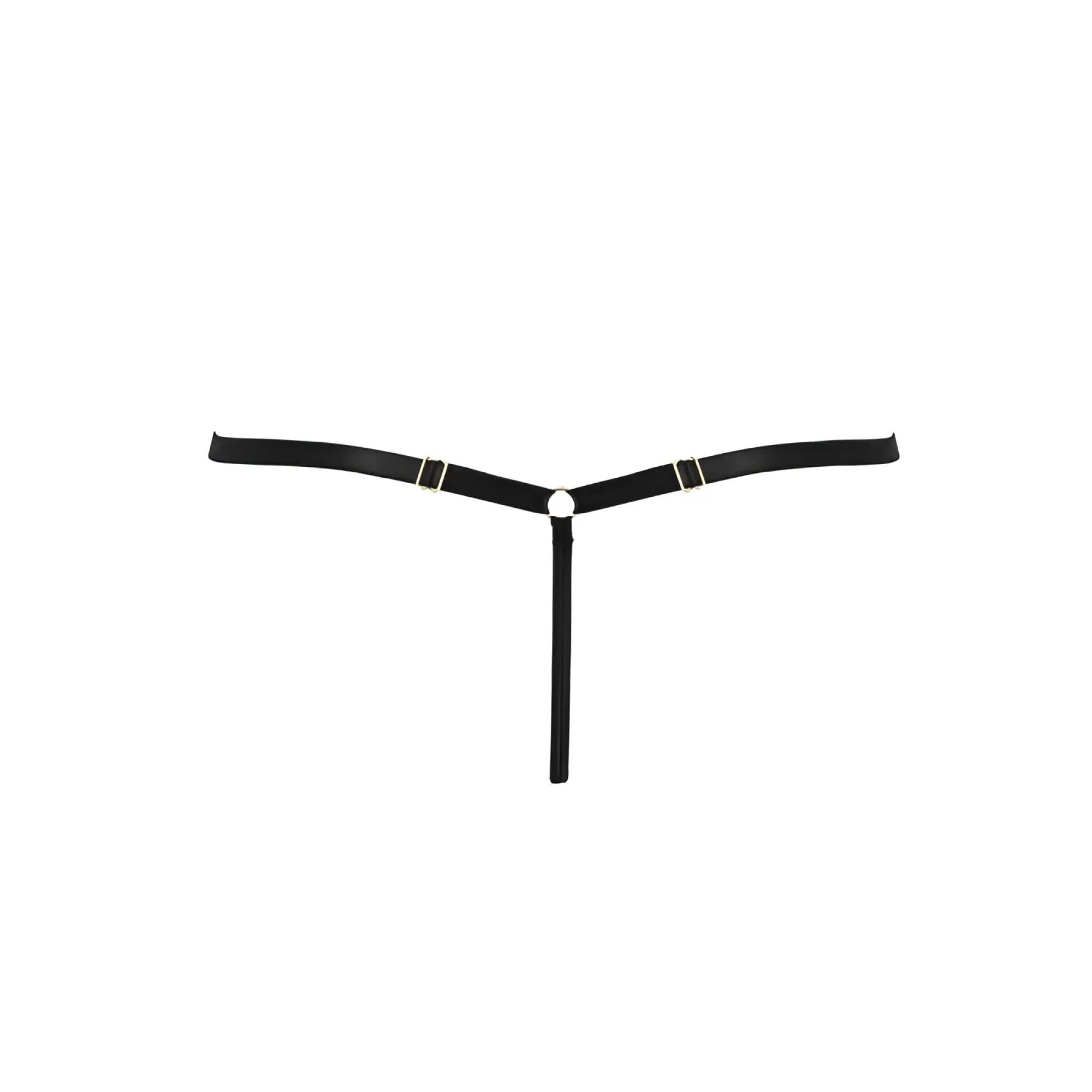 Black leather y-shaped belt with silver metal buckles and circular ring in passion lingerie shelly thong black s/m
