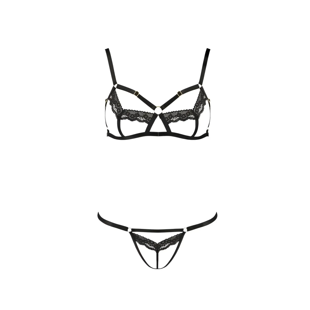 Black lace lingerie set passion lingerie solon 2 pc featuring strappy bra and matching thong in black s m