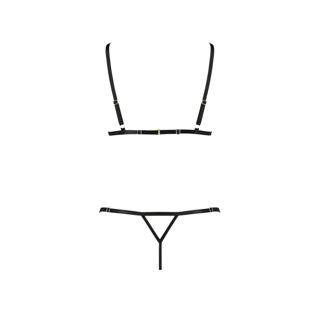 Black leather strap lingerie set solon 2 pc set with minimalist design and silver toned hardware in black s m