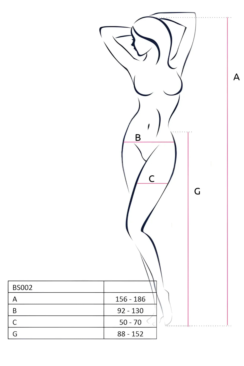 A minimalist black line drawing of a woman with measurement points for sizing passion lingerie suspender tights with hearts