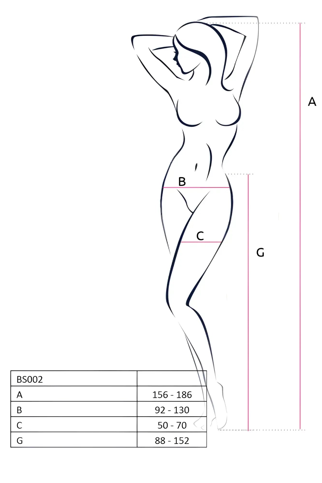 A minimalist black line drawing of a woman with measurement points for sizing passion lingerie suspender tights with hearts