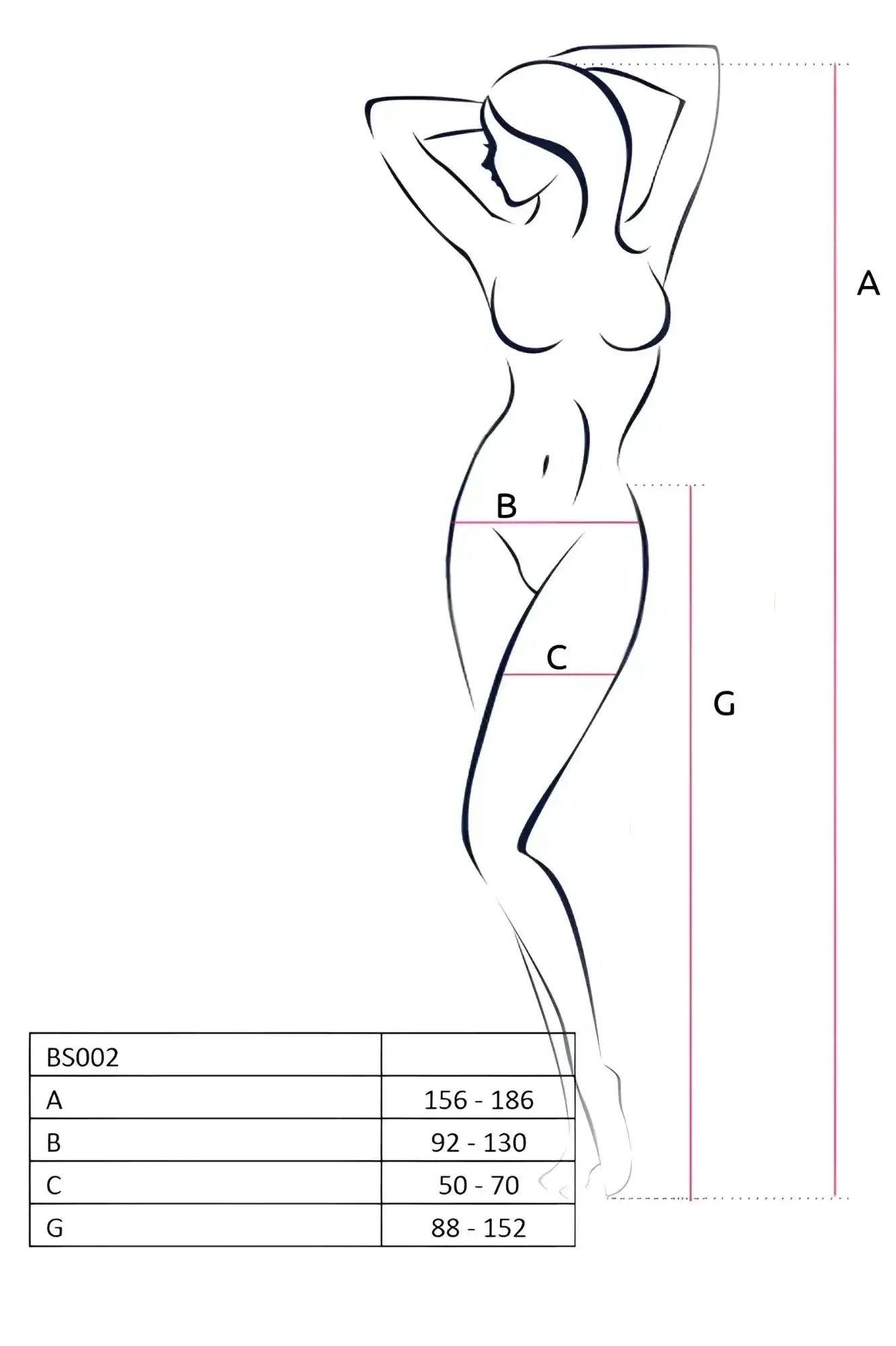 A minimalist black line drawing of a woman with measurement points for sizing passion lingerie suspender tights with hearts