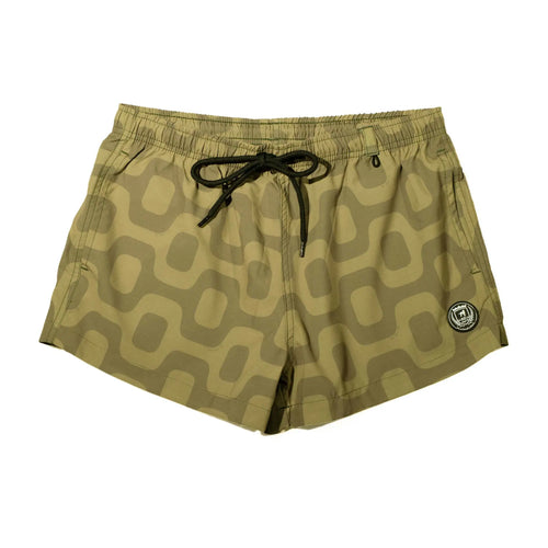 Olive green shorts with a darker geometric pattern and black drawstring.