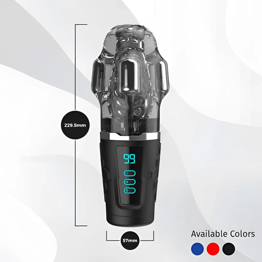 Peak performa hypershaker automatic app controlled lcd masturbator in black with transparent silicone and blue digital display
