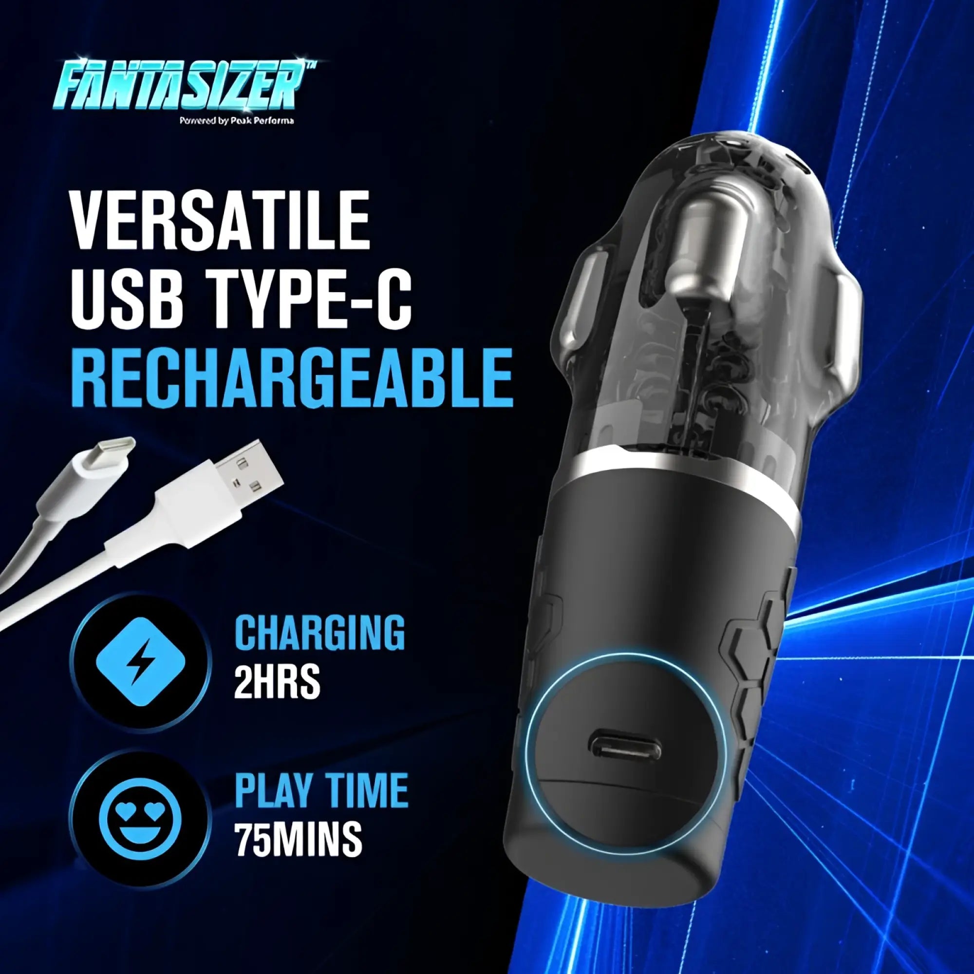 Black and transparent plastic Peak Performa hypershaker automatic app controlled usb type-c rechargeable masturbator with silver accents