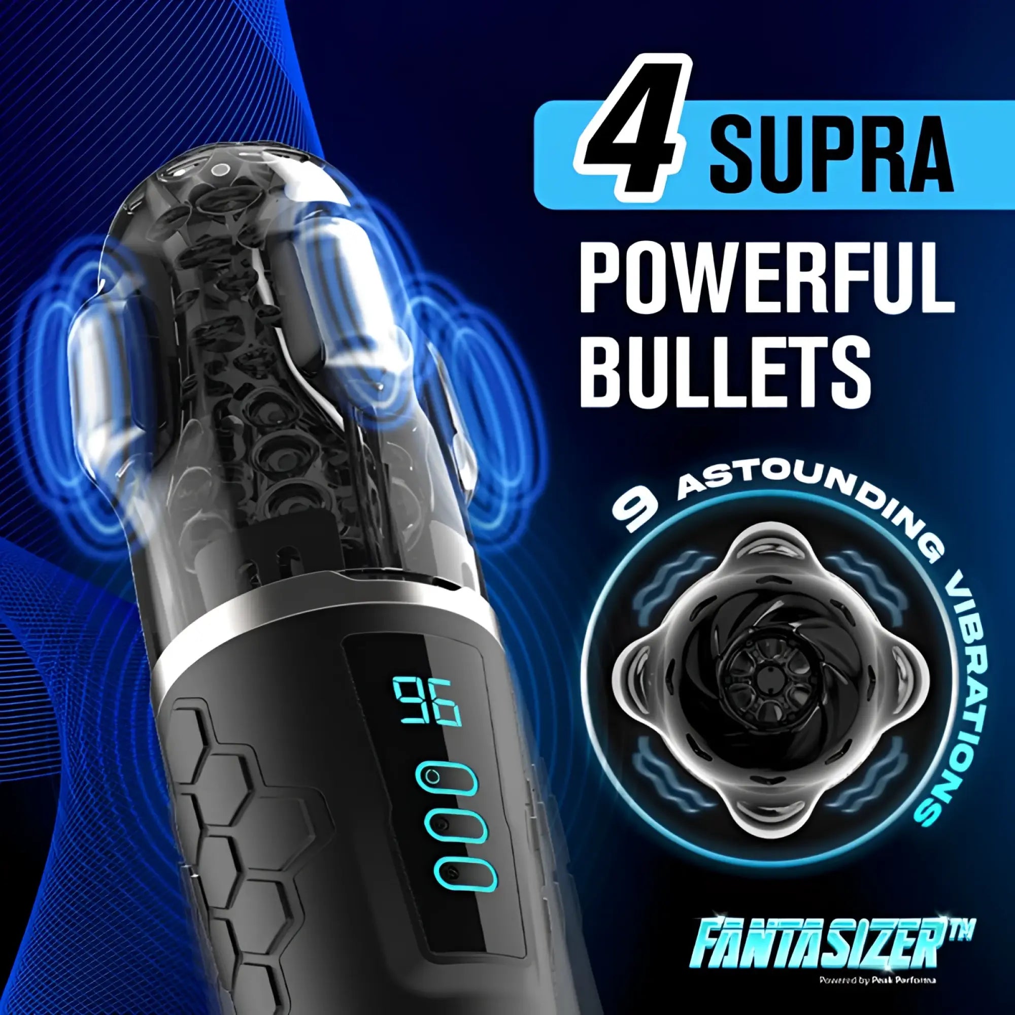 Black and transparent Peak Performa Hypershaker automatic app controlled LCD masturbator with hexagonal grip patterns