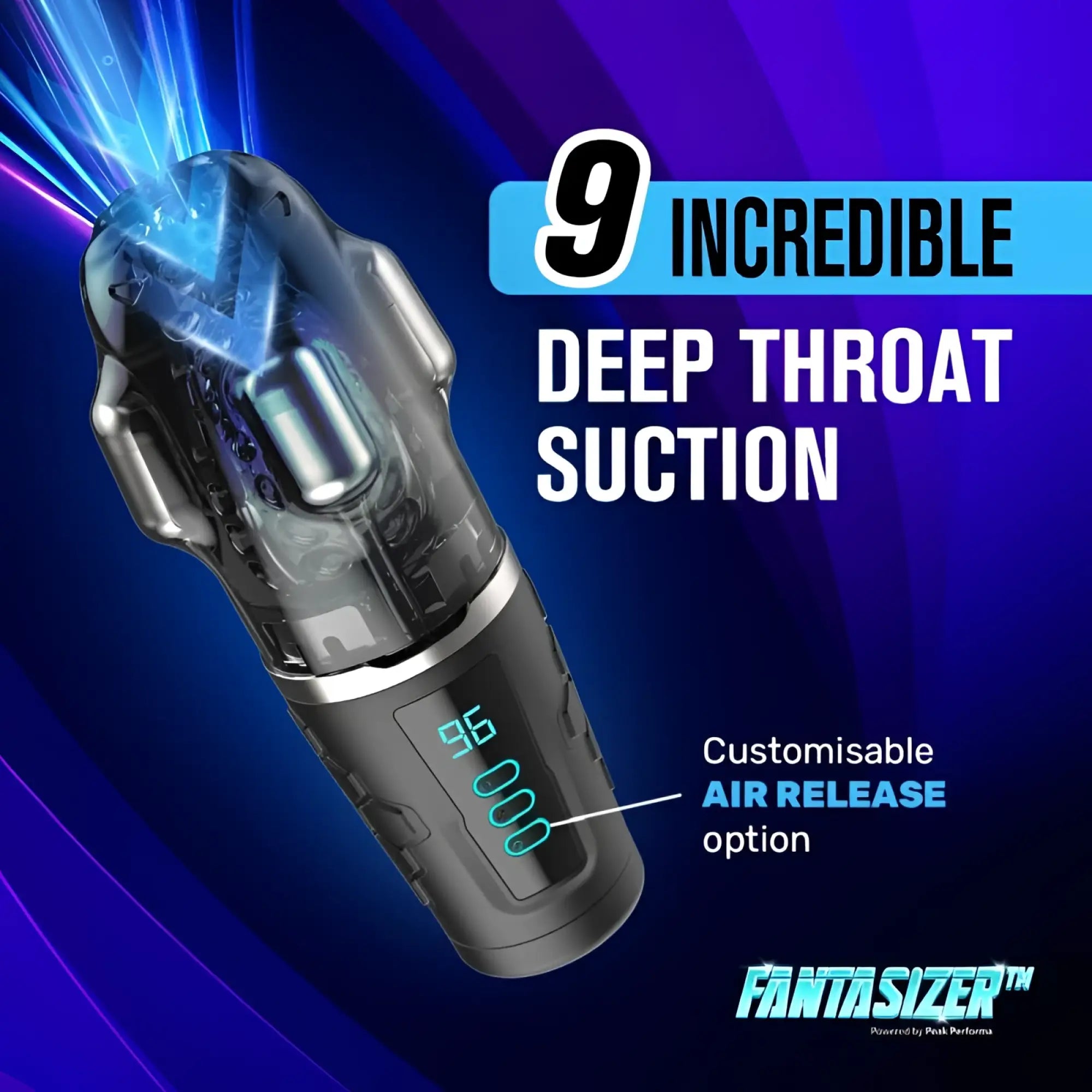Black and transparent plastic Peak Performa Hypershaker automatic app controlled lcd masturbator with digital display and blue light effects