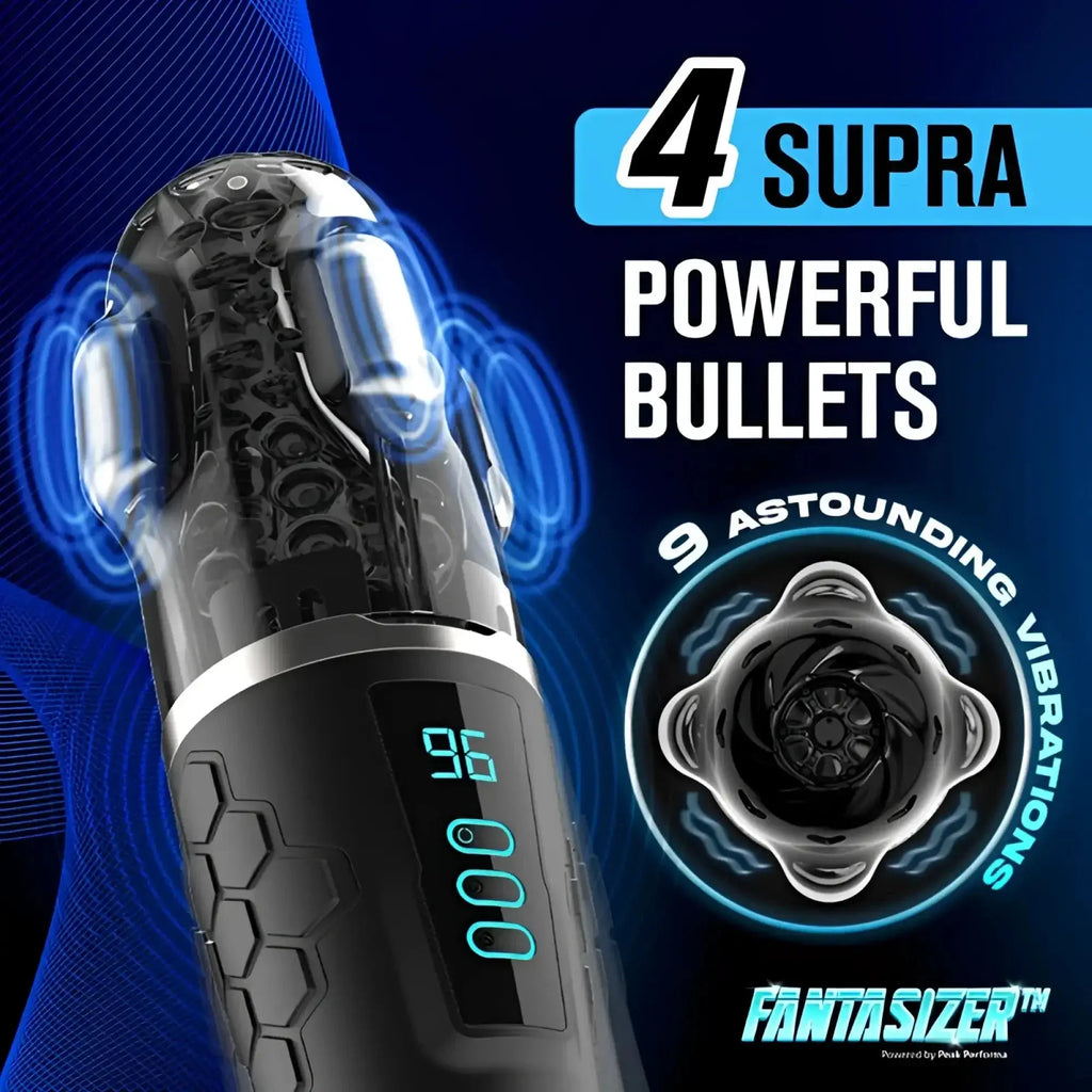 Black and transparent Peak Performa Hypershaker automatic app controlled LCD masturbator with hexagonal grip patterns