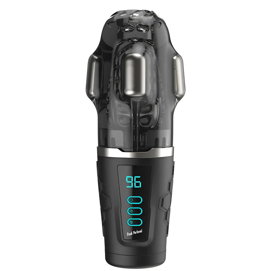 Black and transparent plastic peak performa hypershaker automatic app controlled lcd masturbator with digital display and illuminated buttons