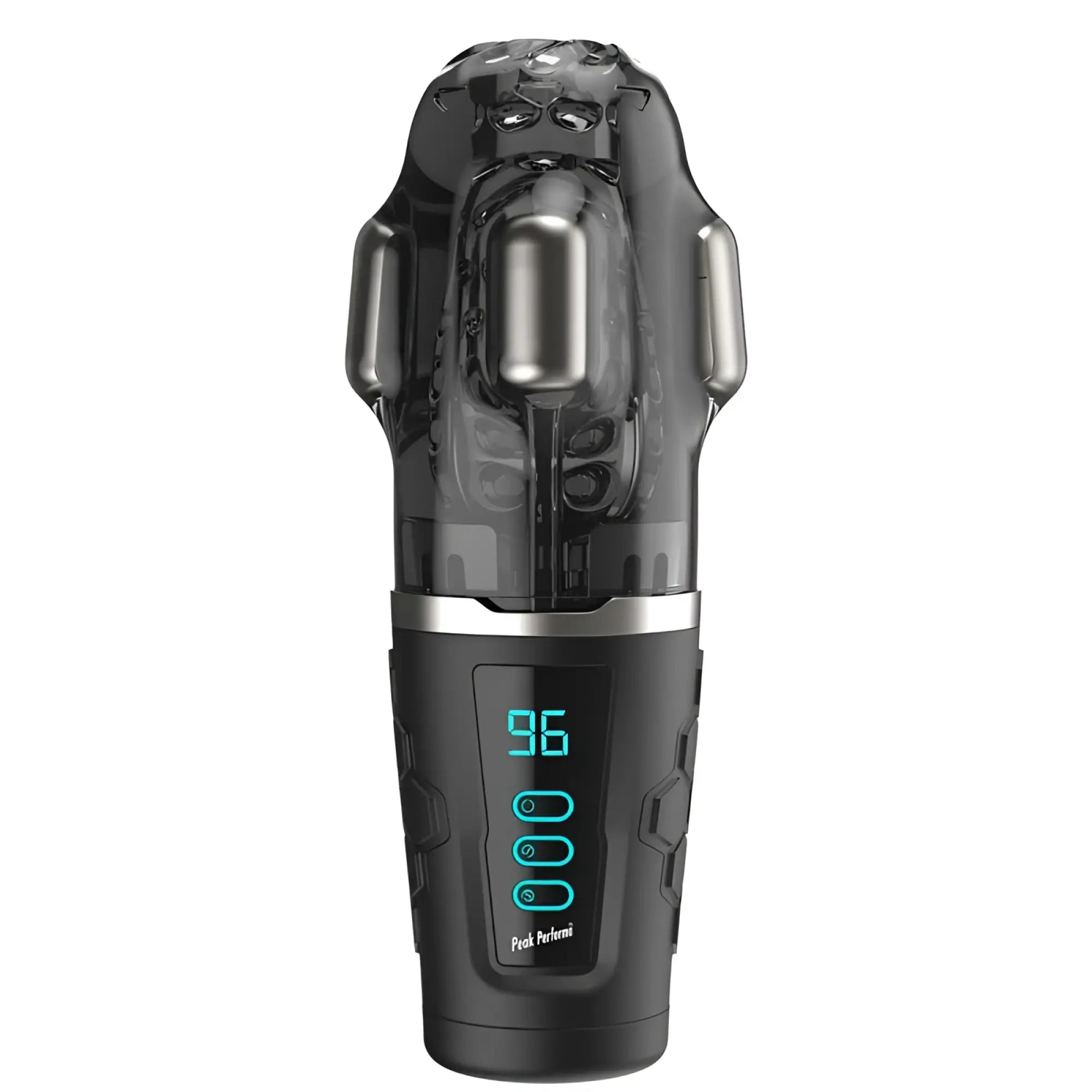 Black and transparent plastic peak performa hypershaker automatic app controlled lcd masturbator with digital display and illuminated buttons