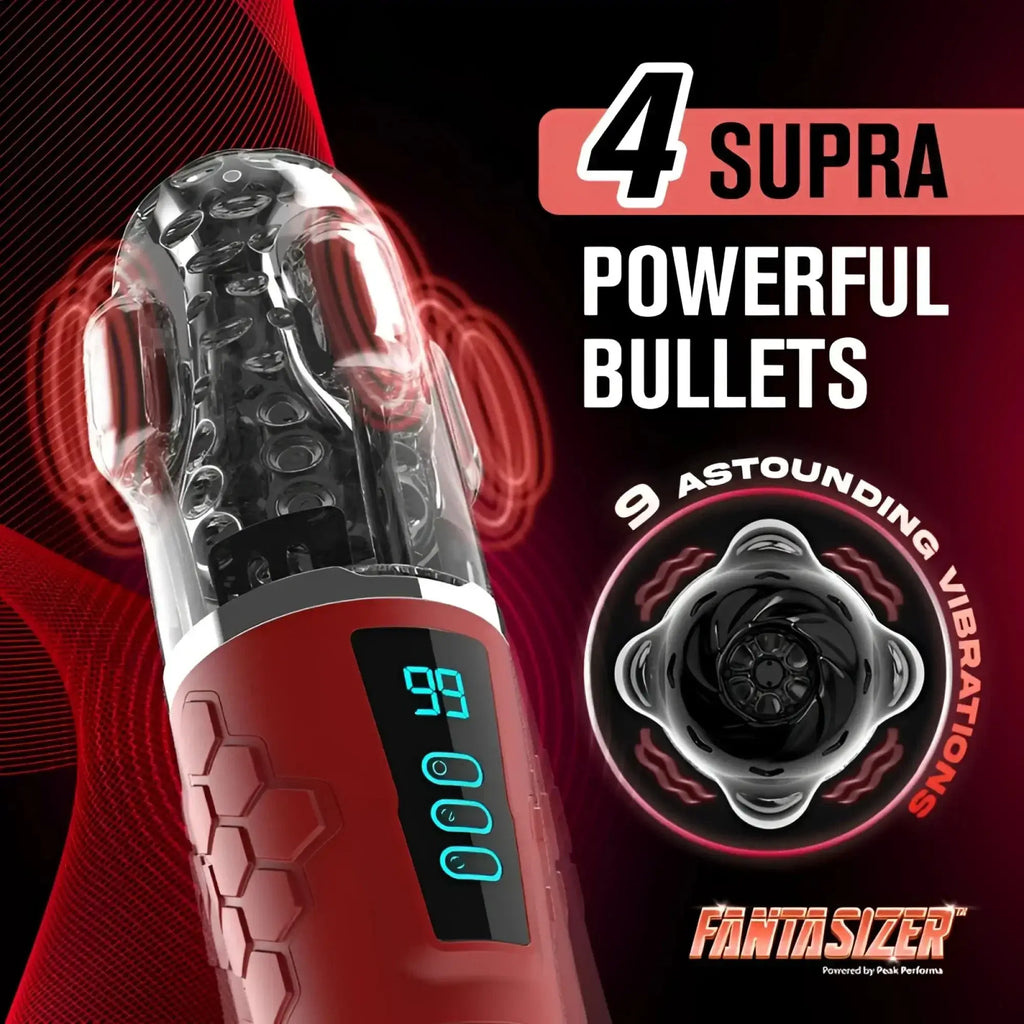 Red and transparent plastic peak performa hypershaker automatic app controlled lcd masturbator with digital display on handle