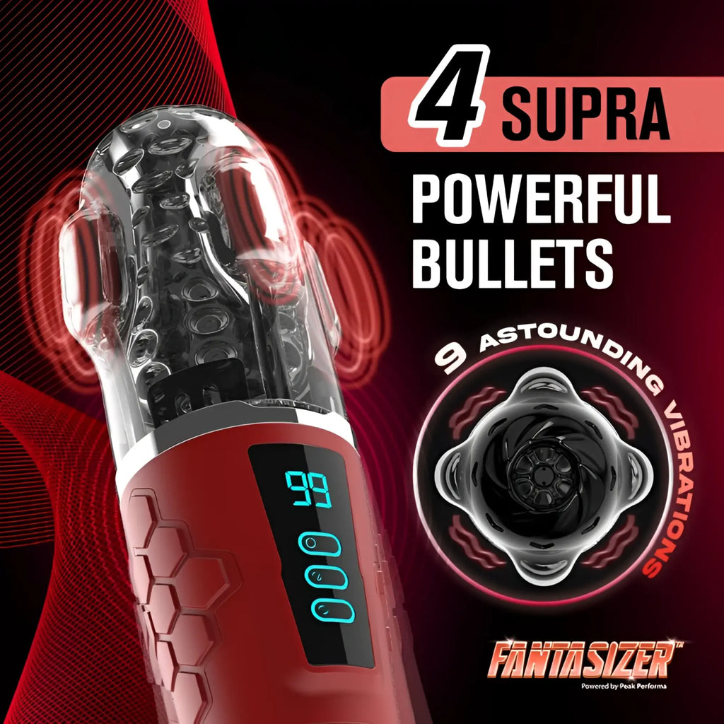 Red and transparent plastic peak performa hypershaker automatic app controlled lcd masturbator with digital display on handle