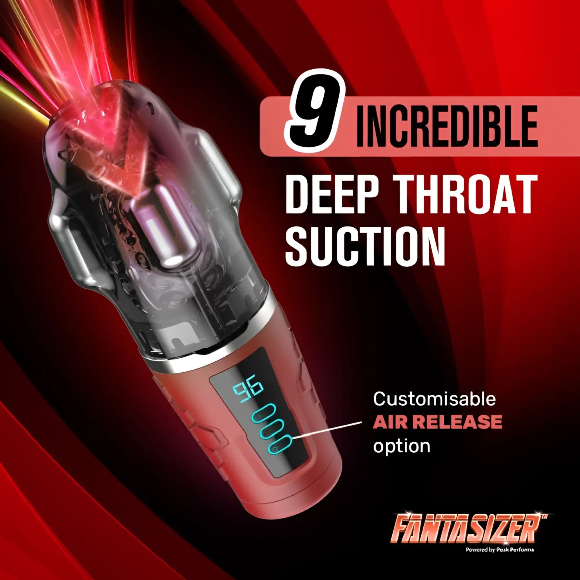 Peak performa hypershaker automatic app controlled red deep throat suction masturbator with lcd display showing 96000