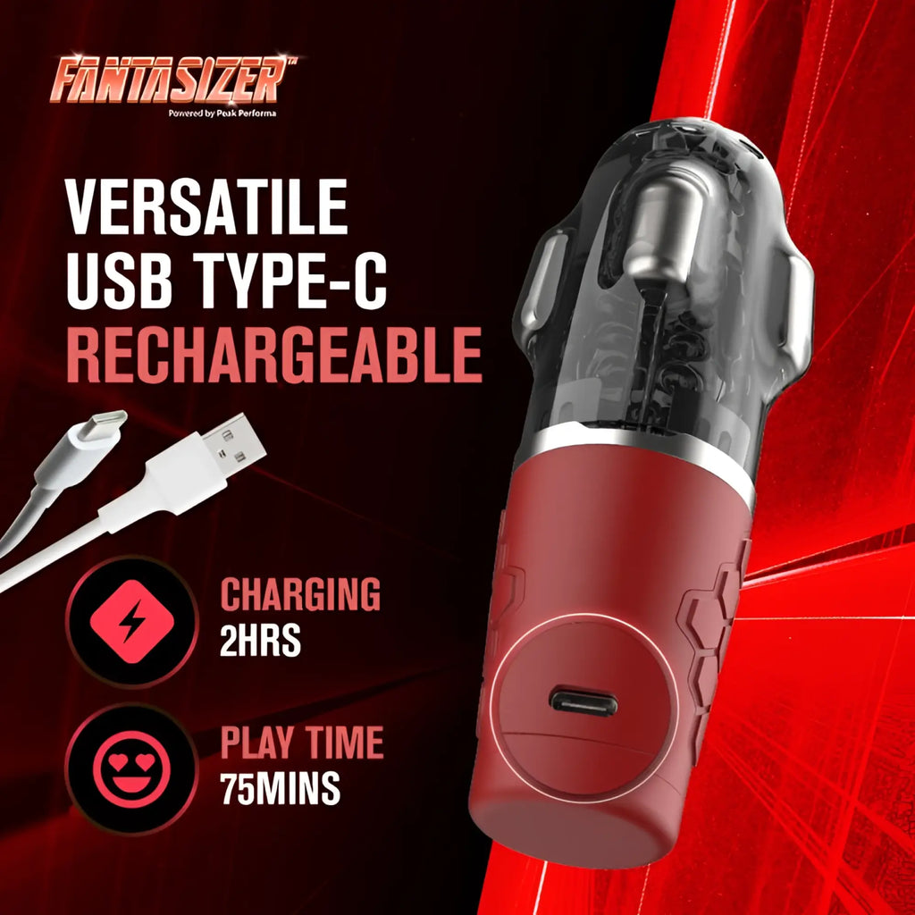 Red and transparent usb type-c rechargeable fantasizer with sleek ergonomic design in peak performa hypershaker masturbator